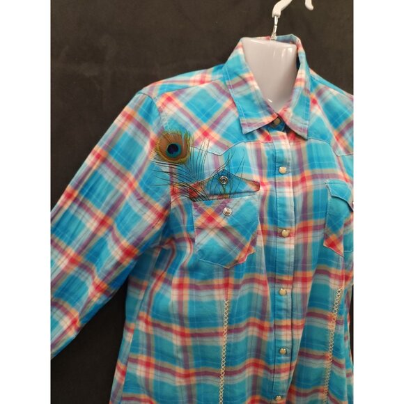 Tin Haul Womens Size L Western Plaid Button-Up Western Shirt Aztec Lining Cotto - Picture 16 of 16